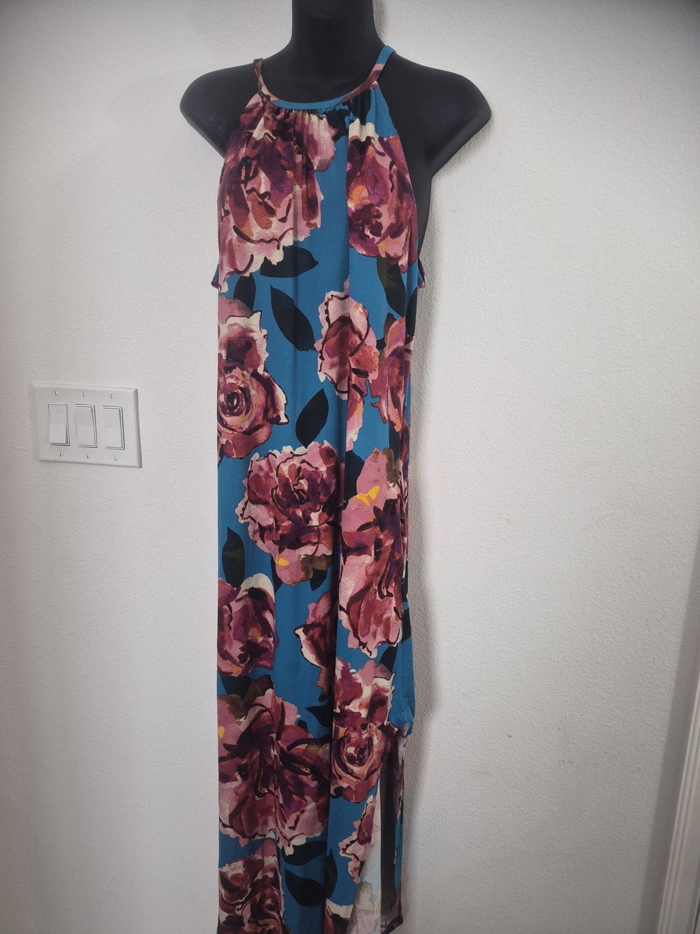 Floral Halter Maxi Dress in Teal and Rose